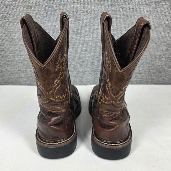 JUSTIN KIDS BROWN LEATHER WESTERN CATTLEMAN JR. BOOTS – SIZE 12 – FLAME STITCH - Picture 4 of 12